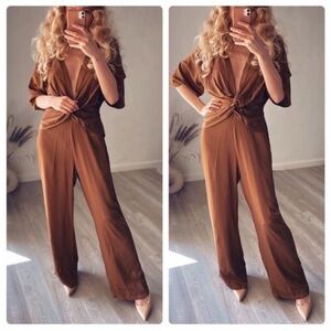 Zara Brown Satin Effect Twisted Effect Plunging Neckline Jumpsuit Size X…